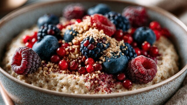 Healthy breakfast bowl with berries and nuts on a rustic table