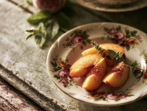 Fresh peach slices arranged on a vintage floral plate for home decor
