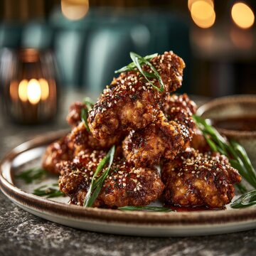 Crispy Korean fried chicken served with dipping sauce and garnish