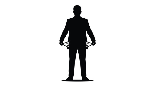 Black silhouette of a businessman standing with empty pockets showing financial distress and economic poverty issues