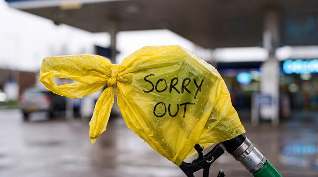 A gas pump nozzle covered with a yellow plastic bag that reads 'Sorry Out' at a rainy gas station.