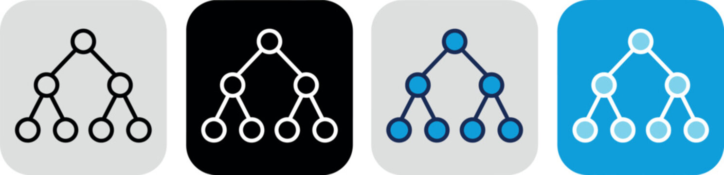 Hierarchical tree diagram icon set, organizational structure flow chart symbols in four styles, network mapping and data architecture vector graphics for business logic and sitemaps.