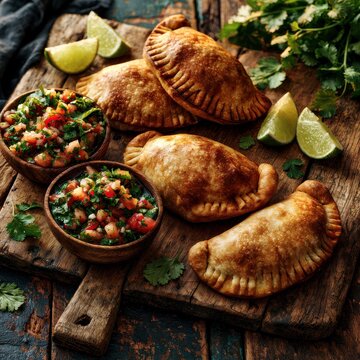 South American comfort food platter with empanadas and salsa