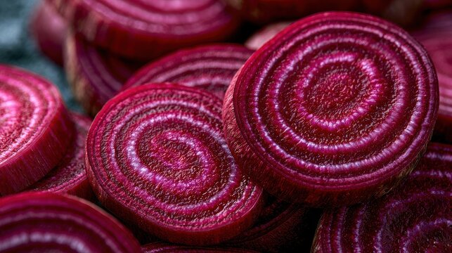 Sliced beets arranged on a dark background for healthy food presentation