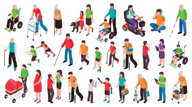 Isometric People With Disabilities And Mobility Aids Vector Illustration