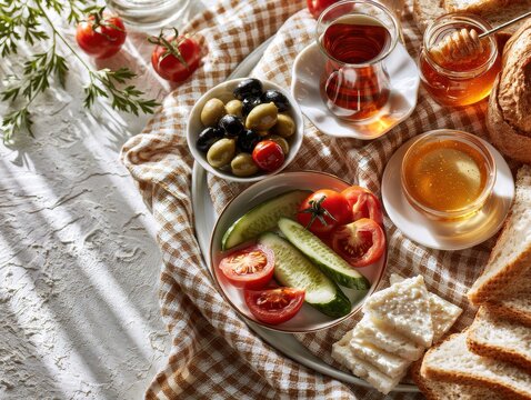 Breakfast spread featuring fresh vegetables, olives, and tea on a table