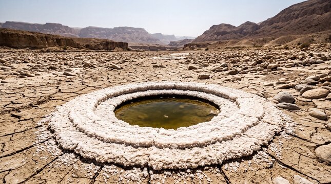A small pool of water surrounded by salt and rocks in a desert landscape with mountains in the background.
