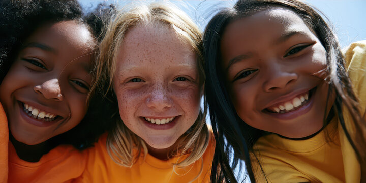 Three Smiling Children in Bright Shirts Under Blue Sky, Perfect for Family or Joyful Campaigns.