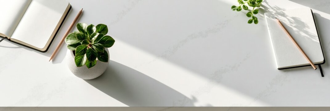 Bright white desk with notebook, pencils, and plant, bathed in natural sunlight, back to school banner