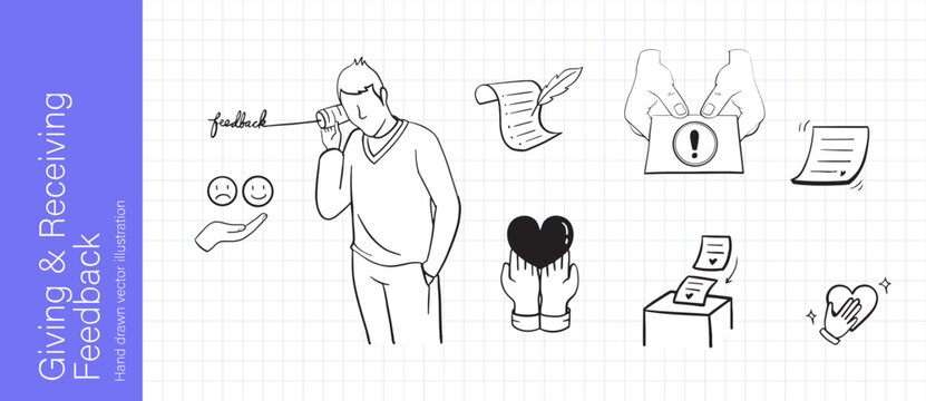 giving and receiving feedback Set Icons, Hand drawn illustration vector, symbols, concept, doodle, sketch