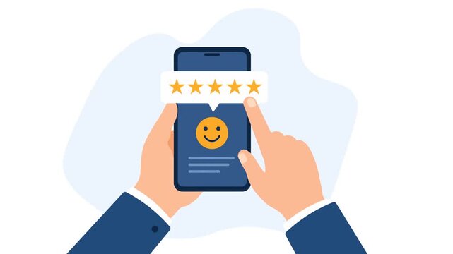 Brand Reputation Management, Customer Experience, Online Reviews, Happy Satisfaction Concept. Modern Flat Design Animation of Hand Holding Smartphone with Five Star Rating