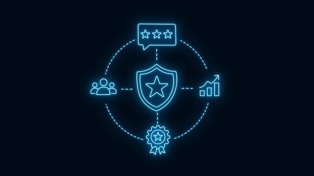 Glowing Neon Line Animation Illustrating Brand Reputation Management. Central Reputation Shield Connected To Customer Reviews, Audience Trust, Quality Certification, And Business Growth Icons, 