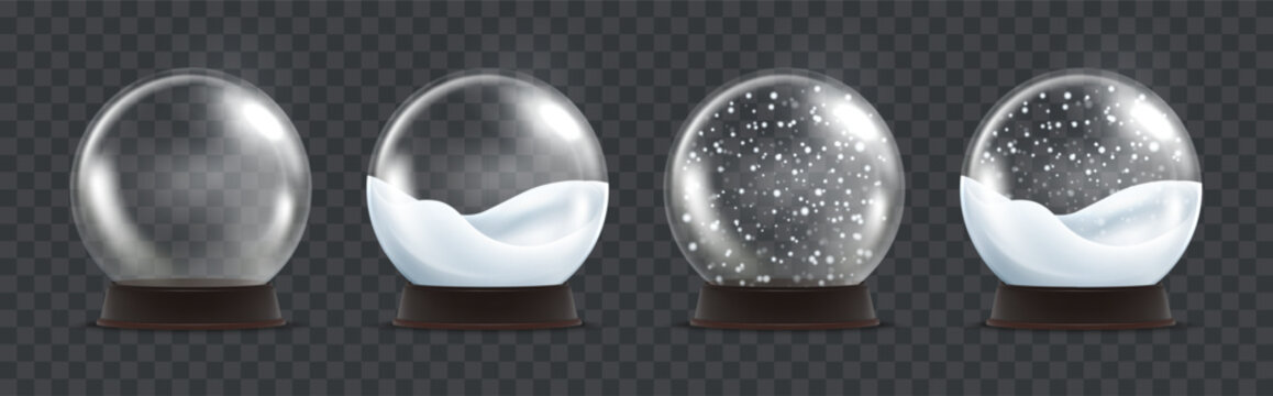 Transparent glass snow globes with wooden bases and winter snow variations isolated for Christmas decoration, mockup, and festive design. Vector set