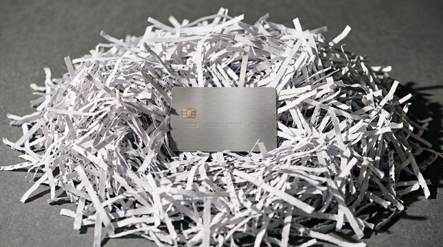 Silver credit card resting on a pile of shredded paper documents symbolizing data destruction and privacy concerns