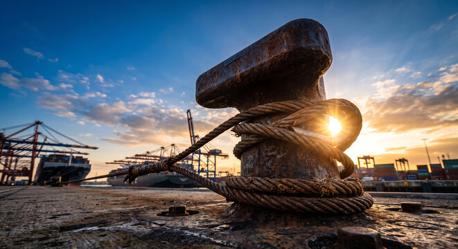 Mooring bollard with thick ropes at commercial shipping port harbor during golden sunset background.