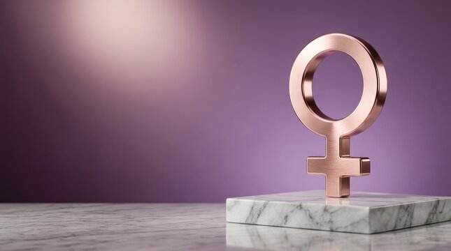 Elegant rose gold female gender symbol standing on marble block with spotlight with copy space