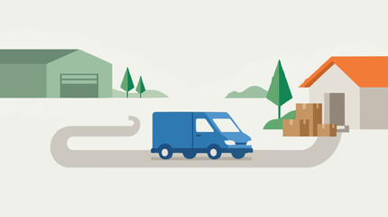 Delivery van on route from warehouse to house, illustrating logistics © siddiqa