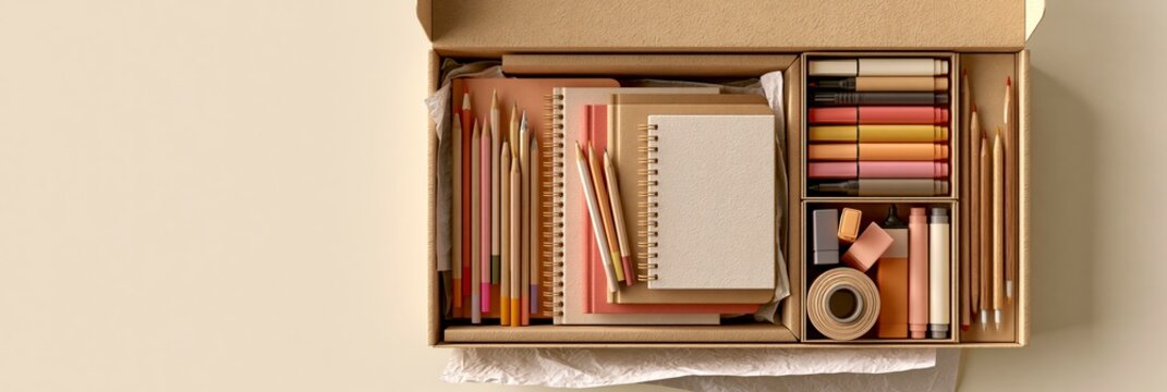 Top view of an organized art supply kit in a cardboard box, back to school banner