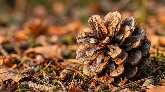 Close up of a dry pine cone resting on the forest floor surrounded by fallen leaves and moss