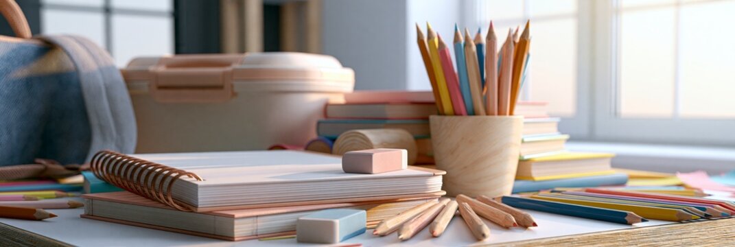 School supplies on a wooden desk with notebooks, pencils, and lunch boxes, back to school banner
