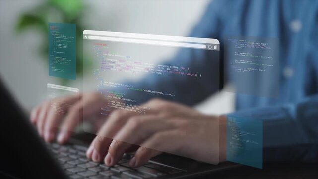 Software developer analyzing source code script and debugging a web application on a digital system interface. Concept of programming engineering, cyber security data audit, and web optimization.
