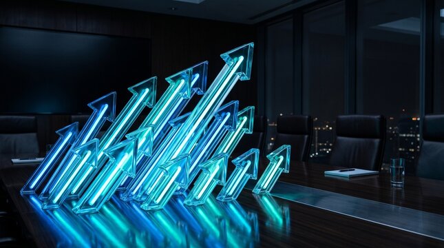 Glowing blue arrows ascend on a dark conference table symbolizing business growth and success at night