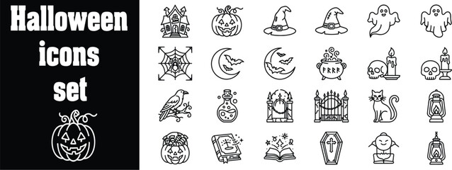Fototapeta premium Halloween Icon Set Featuring Black Cat, Pumpkin, Ghost, Witch Hat, Spider, Bat, Cauldron, Skeleton, Graveyard, and More in Line Art Style for Web