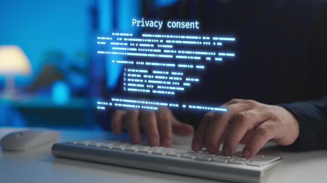 Legal staff reviewing a privacy consent and terms conditions document on a digital interface over a keyboard. Concept of user agreement compliance, data protection policy, and law regulation.