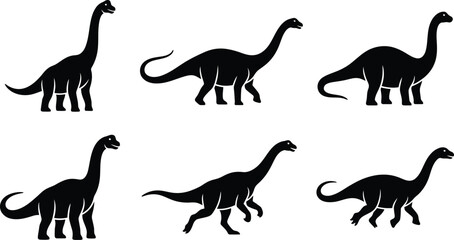 Set of Long Neck Dinosaur Silhouettes in Various Poses Isolated on White Background Vector Illustration Collection © MDKANAL