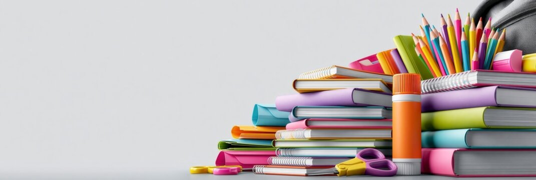 Colorful school supplies isolated on white background, back to school banner