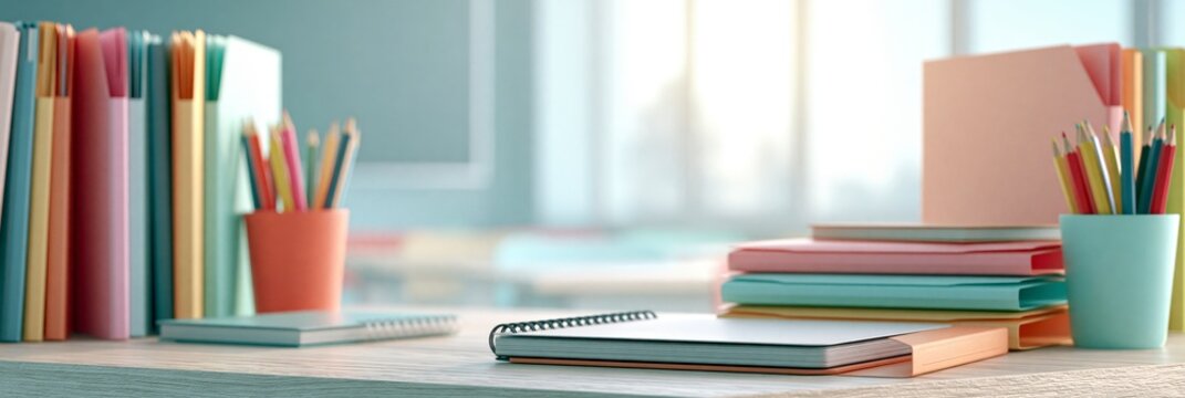 Colorful stationery and office supplies on a wooden desk with bright background, back to school banner
