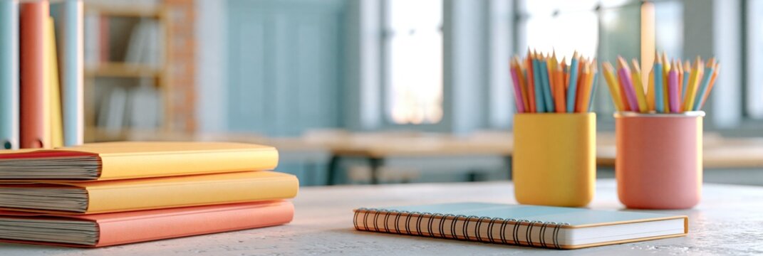 Colorful stationery and office supplies on a wooden desk with bright background, back to school banner