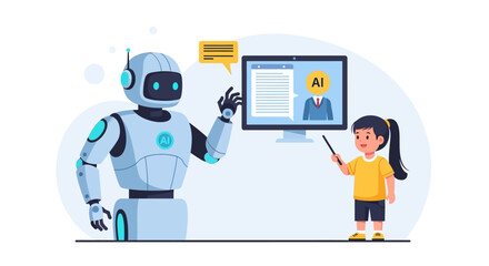 Naklejka premium Friendly robot interacting with young girl in educational setting