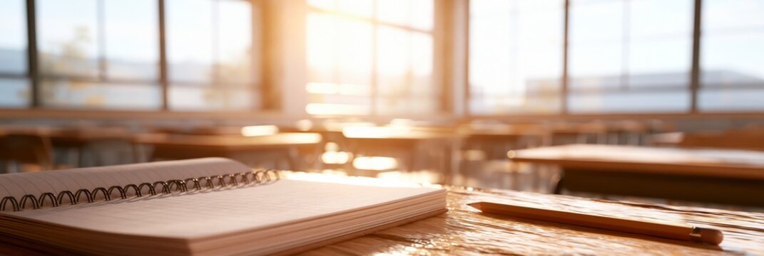 Empty classroom with a notebook and pencil on a wooden desk, back to school banner