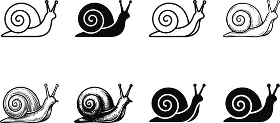 Snail Illustration Icon Set with Minimalist Silhouettes, Spiral Shells and Detailed Artistic Nature Designs © MDKANAL
