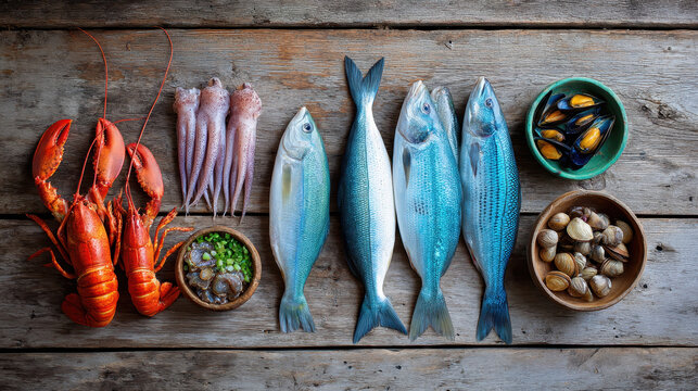 Fish Market Display of Fresh Seafood on Wooden Table
