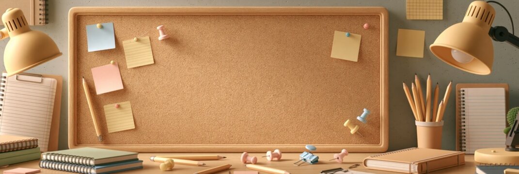 Empty cork notice board on a desk with stationery and a lamp, back to school banner
