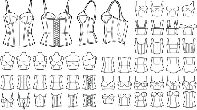 Fashion Corset Top Technical Sketch Collection with Bustier Templates, Front Back Side Views and Apparel Flat Line Drawings