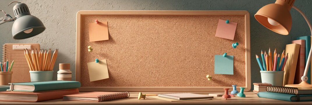 Empty cork notice board on a desk with stationery and a lamp, back to school banner
