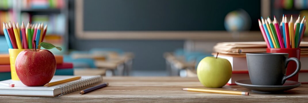 Coffee mug, stationery, and apple on a wooden desk, ready for study or work, back to school banner
