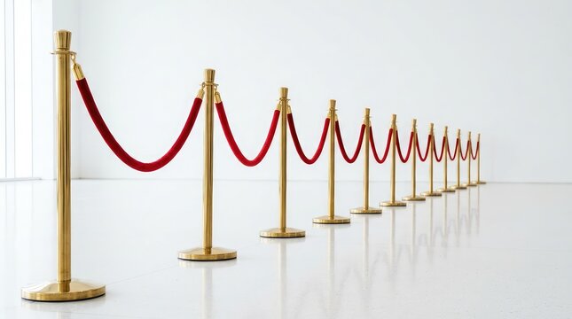 Golden stanchions with red velvet ropes in elegant queue line. Luxury crowd control barriers for VIP events and premium venues. Exclusive access ma...