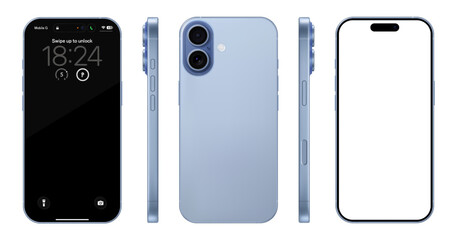 Naklejka premium Detailed blue mobile phone mockup. Front, rear and side view isolated on transparent background. Vector PNG