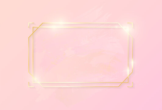 Gold shiny glowing art rectangle frame with rose pastel brush strokes isolated on pink background. Golden luxury line border for invitation, card, sale, fashion, wedding, photo etc. Christmas and New 