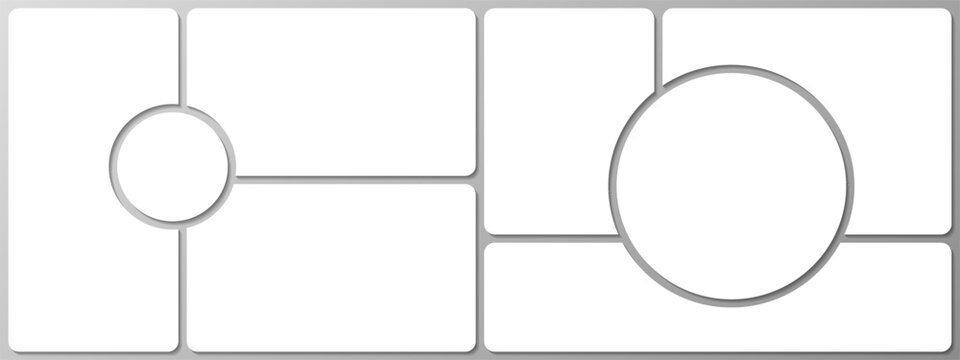 White bento grid horizontal moodboard design mockup with shadows isolated on grey background. Photo mosaic collage gallery template. Album portfolio brandboard. Mood board overlay bg. Vector illustrat