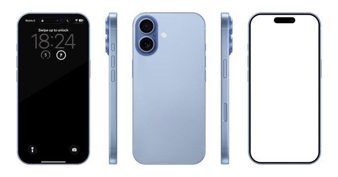 Detailed blue mobile phone mockup. Front, rear and side view isolated on transparent background. Vector PNG