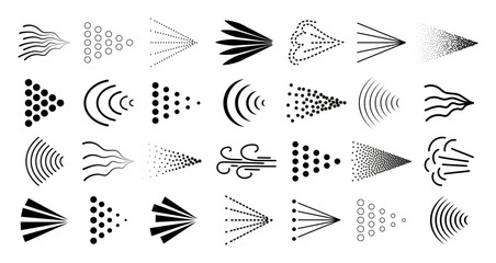 Fototapeta premium Spray mist icon pack isolated on transparent background. Black spray steam icons. Fluid, air, aerosol cloud, nebulizer, steam spraying symbols set. Vector png