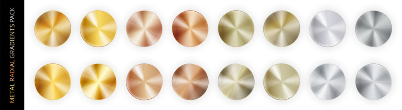 Radial realistic radial gradient chrome metal big pack isolated on white background with shadows. Golden, bronze, copper, aluminium, nikel and silver circle button or award medal set. Vector illustrat
