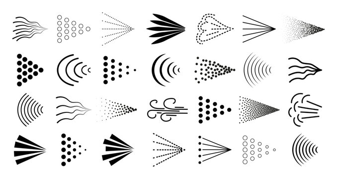 Spray mist icon pack isolated on transparent background. Black spray steam icons. Fluid, air, aerosol cloud, nebulizer, steam spraying symbols set. Vector png