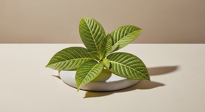 Copaifera plant leaf closeup resting on a minimalist concrete base isolated on a soft beige background for nature photography or botanical design projects