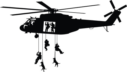 Military tactical helicopter fast rope insertion with special forces and K9 dogs vector illustration black silhouette isolated on white background © MDSOJIB